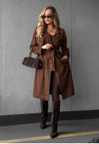 Długi zamszowy Mantel trencz paskiem Autumn Honey Camel