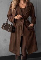 Długi zamszowy Mantel trencz paskiem Autumn Honey Camel