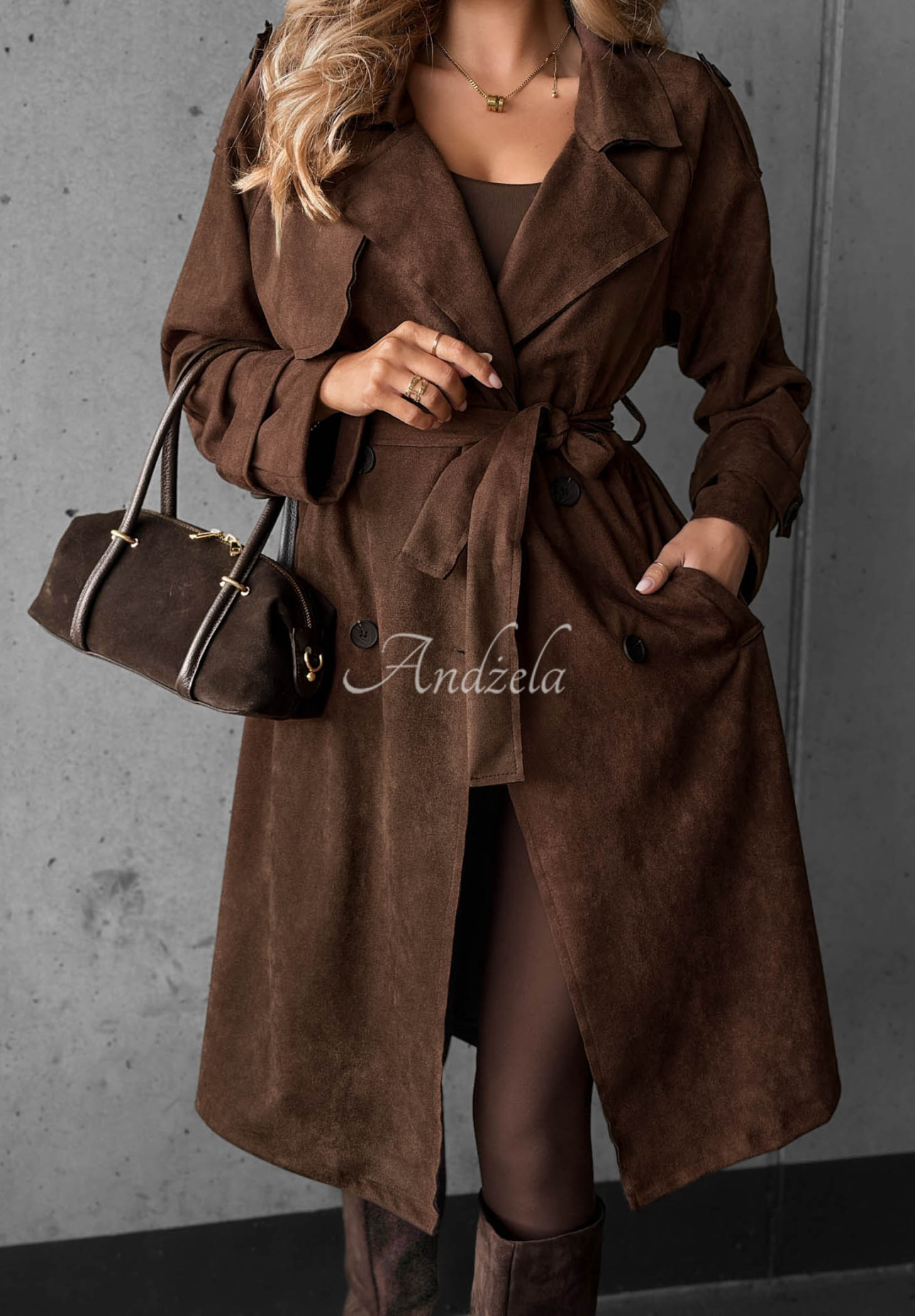Zweireihiger Wildleder-Trenchcoat mit Gürtel Autumn Honey Schokoladenbraun