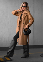 Długi zamszowy Mantel trencz paskiem Autumn Honey Camel