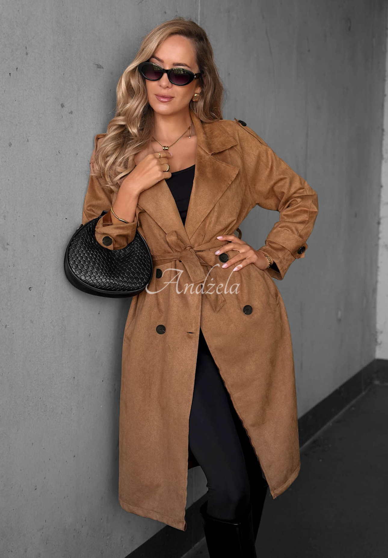 Zweireihiger Wildleder-Trenchcoat mit Gürtel Autumn Honey Camel