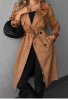 Długi zamszowy Mantel trencz paskiem Autumn Honey Camel