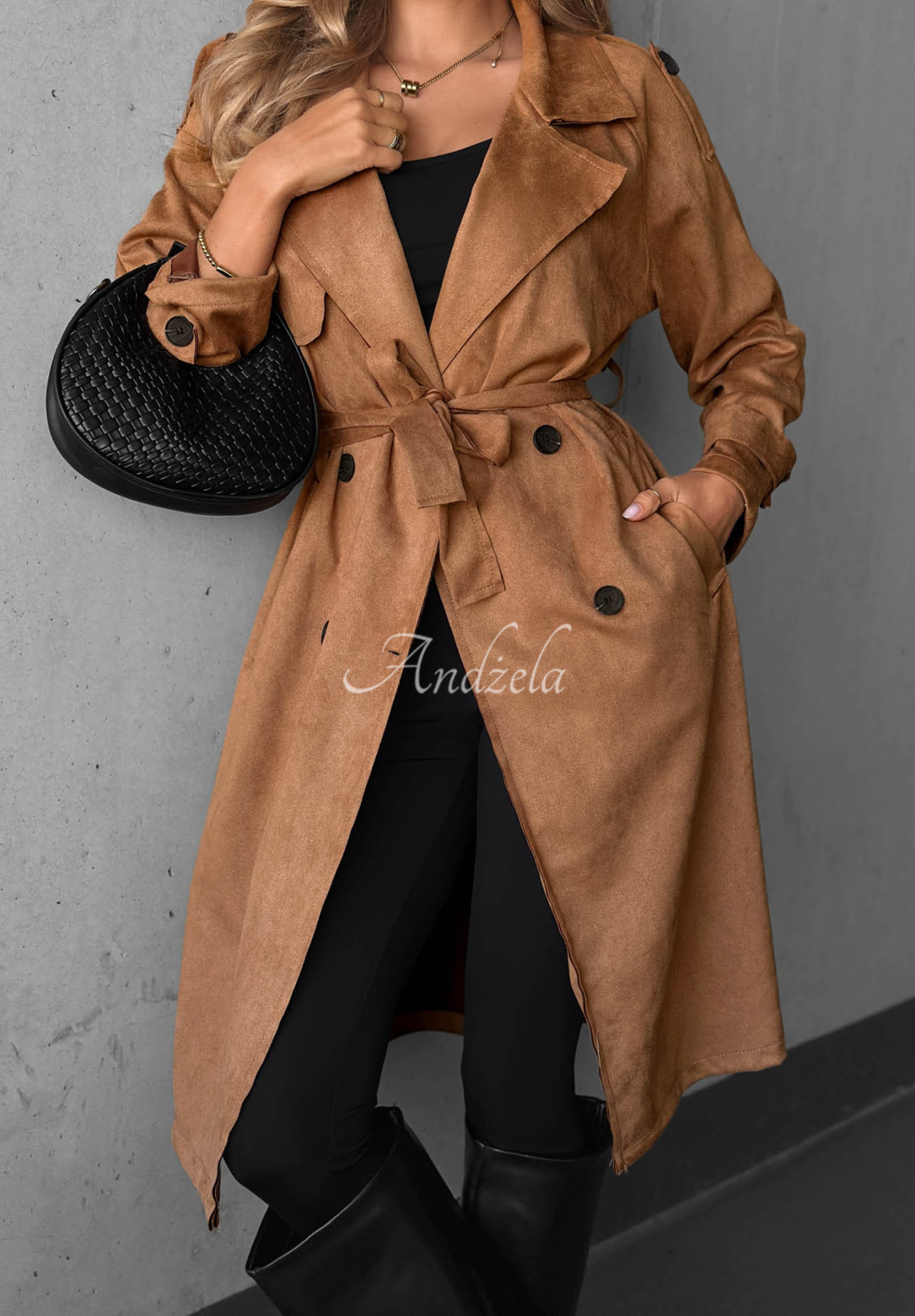 Zweireihiger Wildleder-Trenchcoat mit Gürtel Autumn Honey Camel