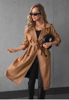 Długi zamszowy Mantel trencz paskiem Autumn Honey Camel