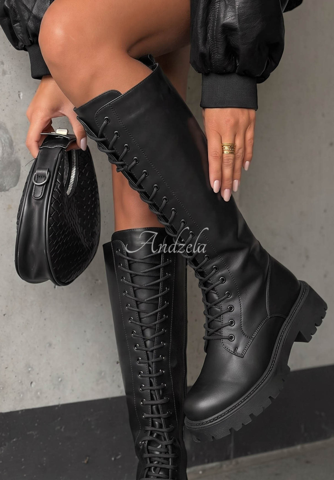 Lange Stiefel aus Lederimitat mit Schnürung Deep Autumn Schwarz