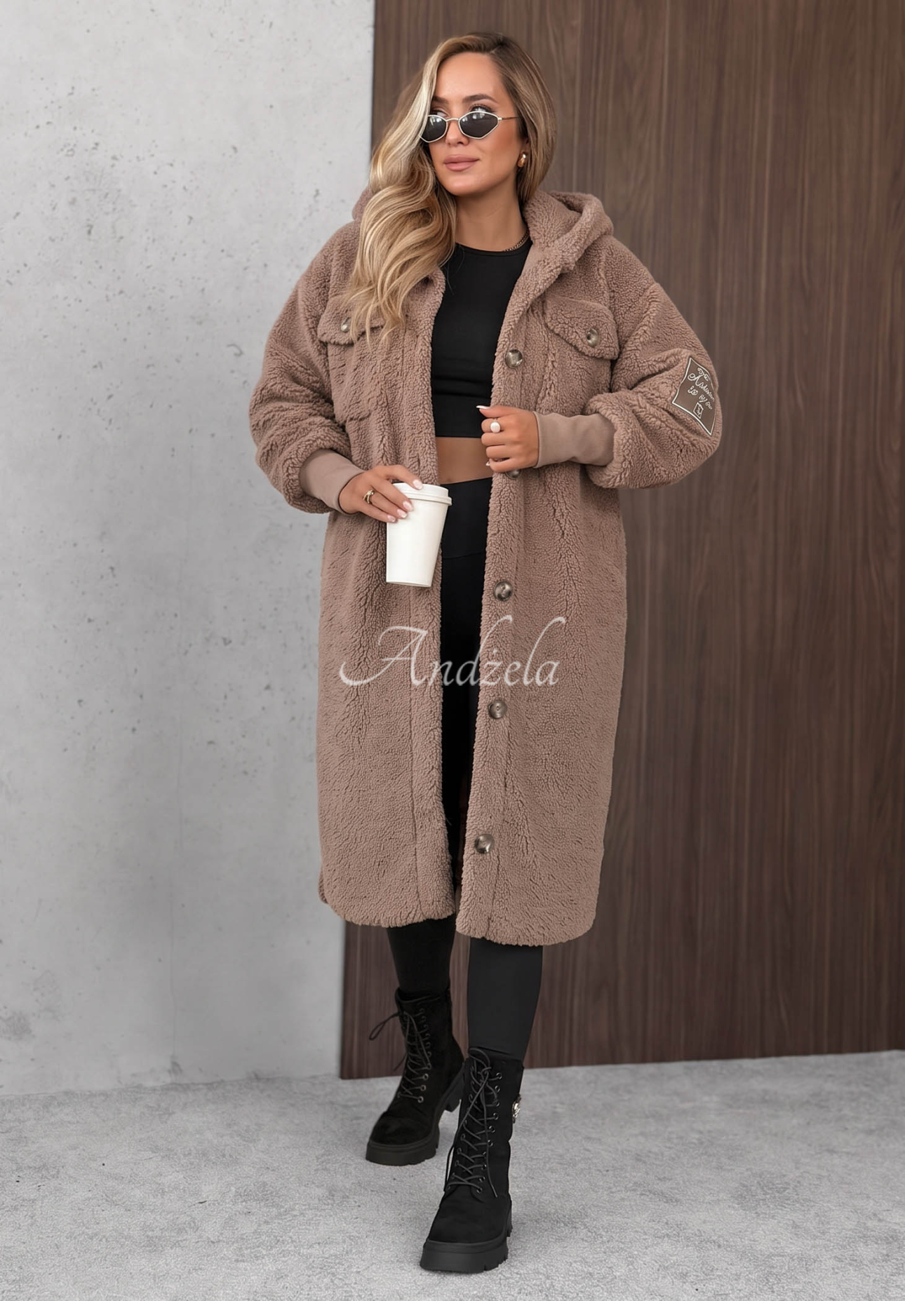 Langer Schaffellmantel Just Enough dunkelbeige