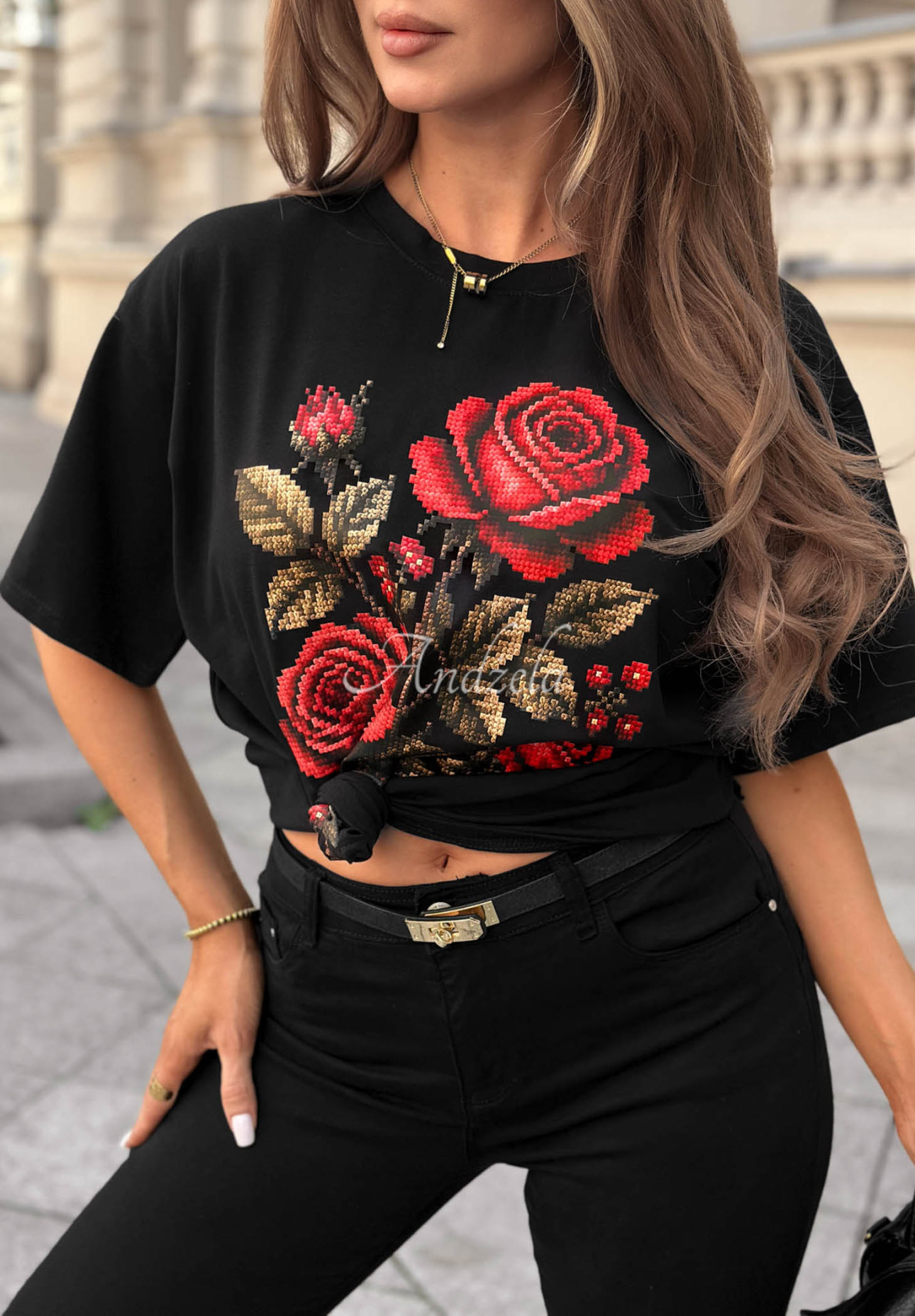 Baumwoll-T-Shirt mit Aufdruck Forgotten Roses Schwarz