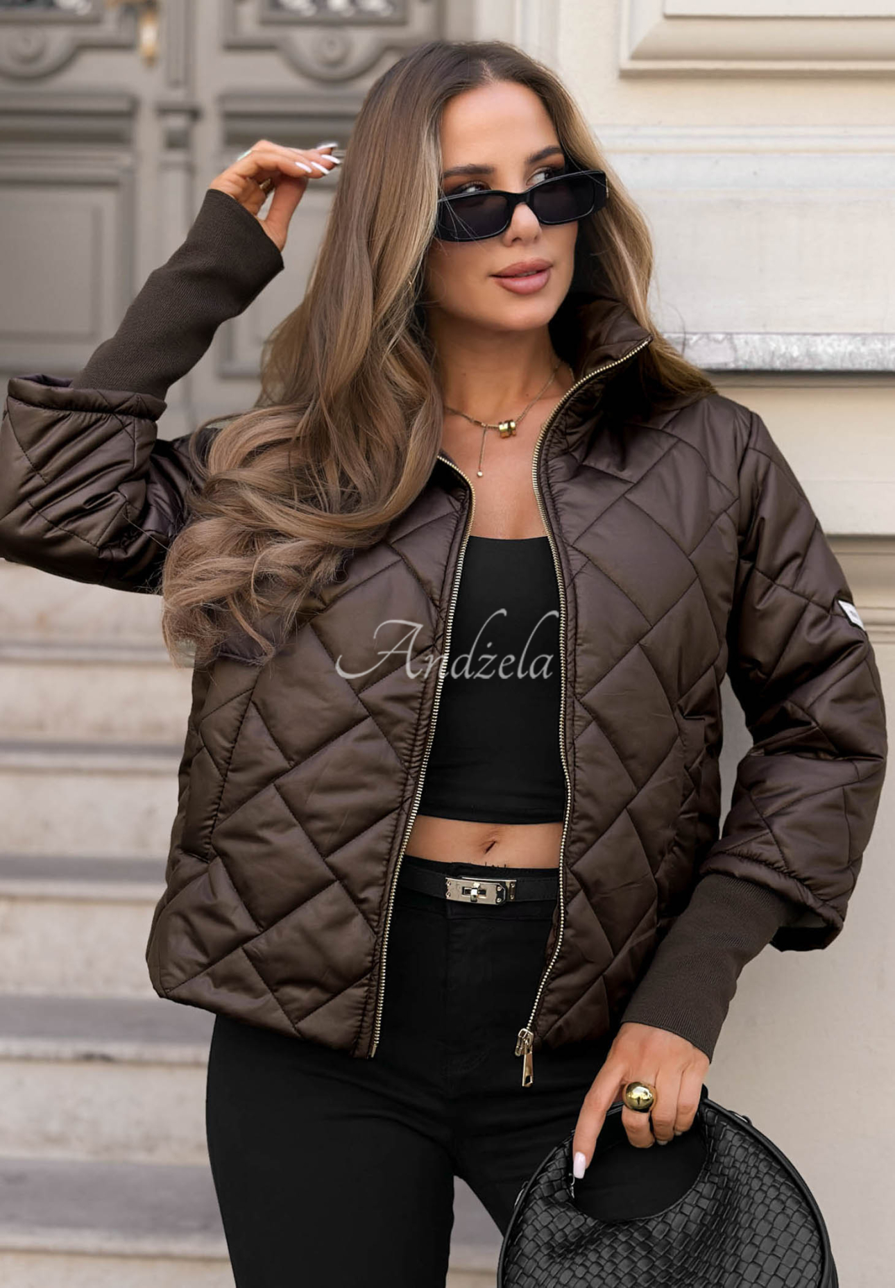 Kurze Steppjacke mit Stehkragen Cozy Cup Schokoladenbraun
