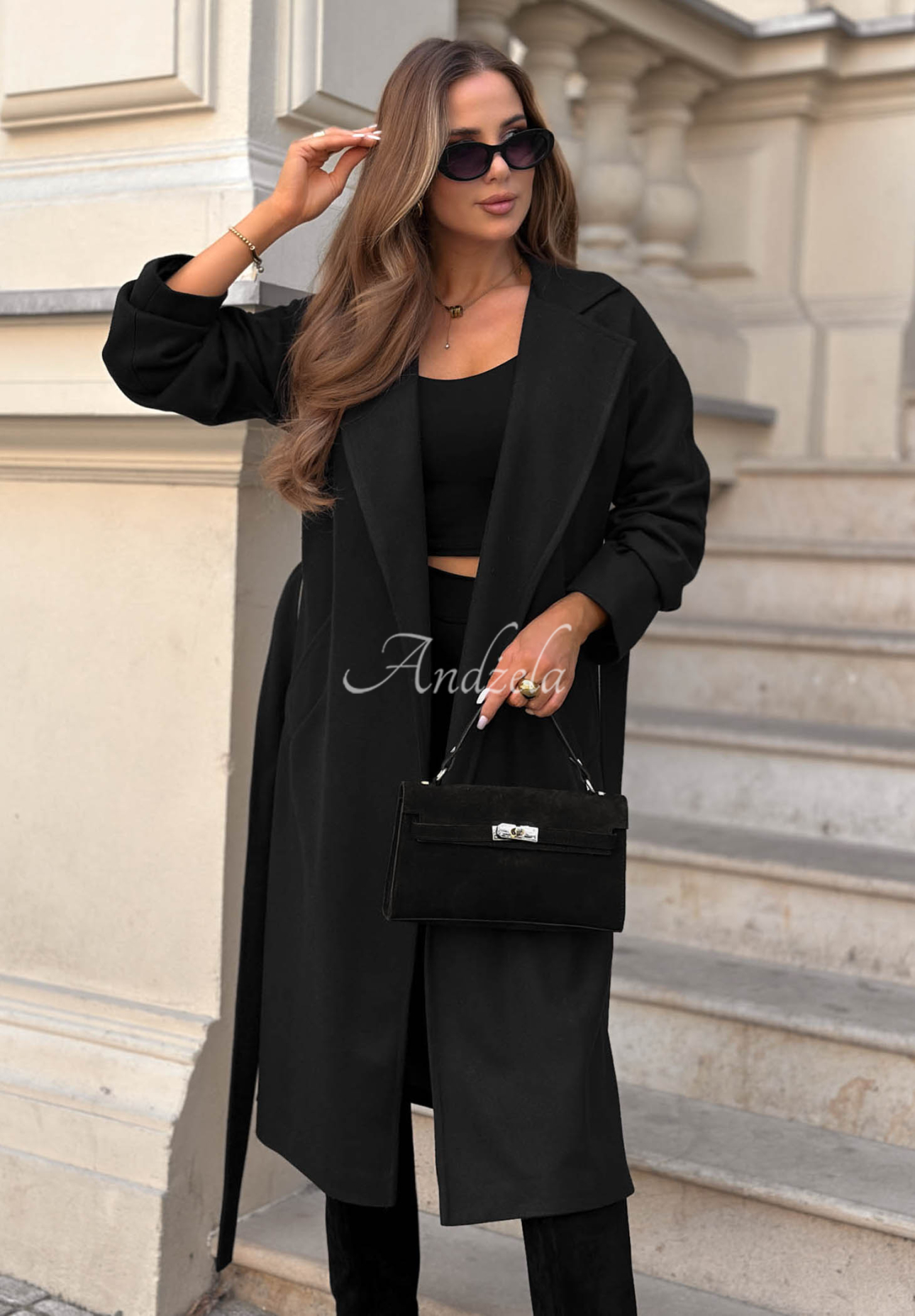 Langer Wollmantel mit Gürtel Quiet Autumn Schwarz