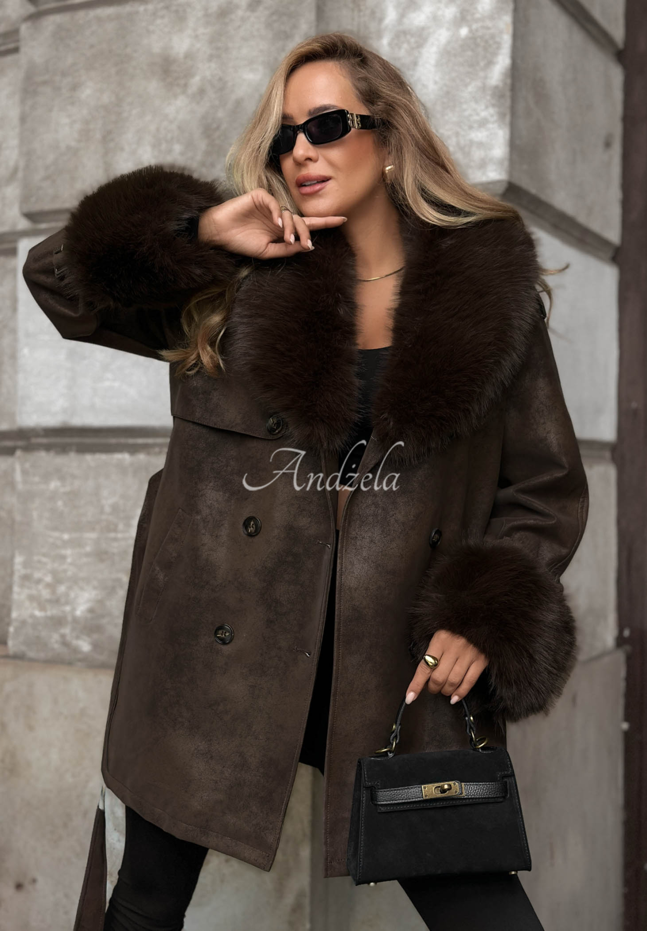 Knielanger Mantel mit Pelz Chestnut Charm Schokoladenbraun