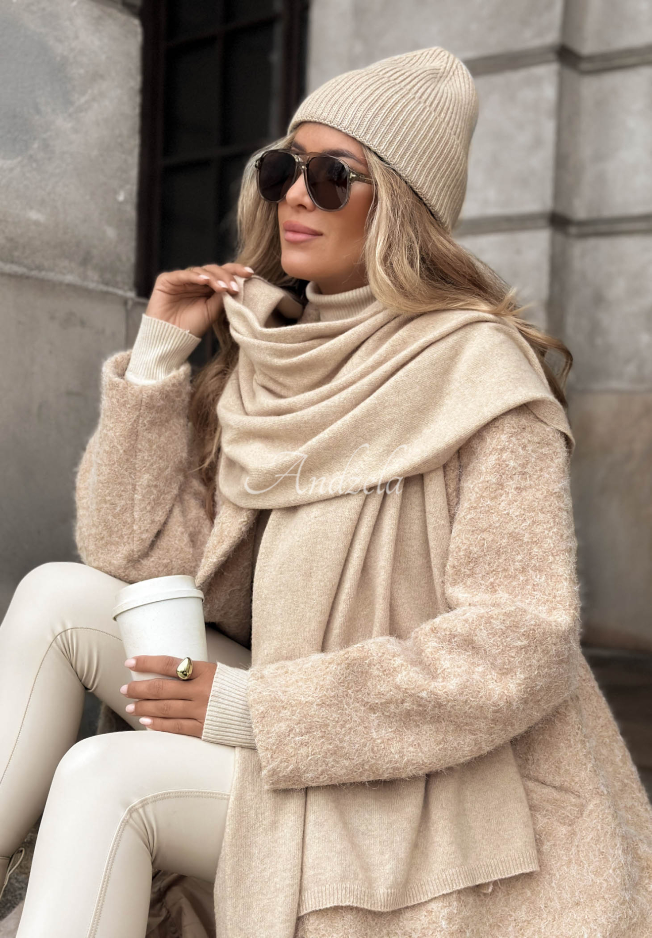 Mütze und Schal-Set aus Wolle und Kaschmir Arctic Romance Beige