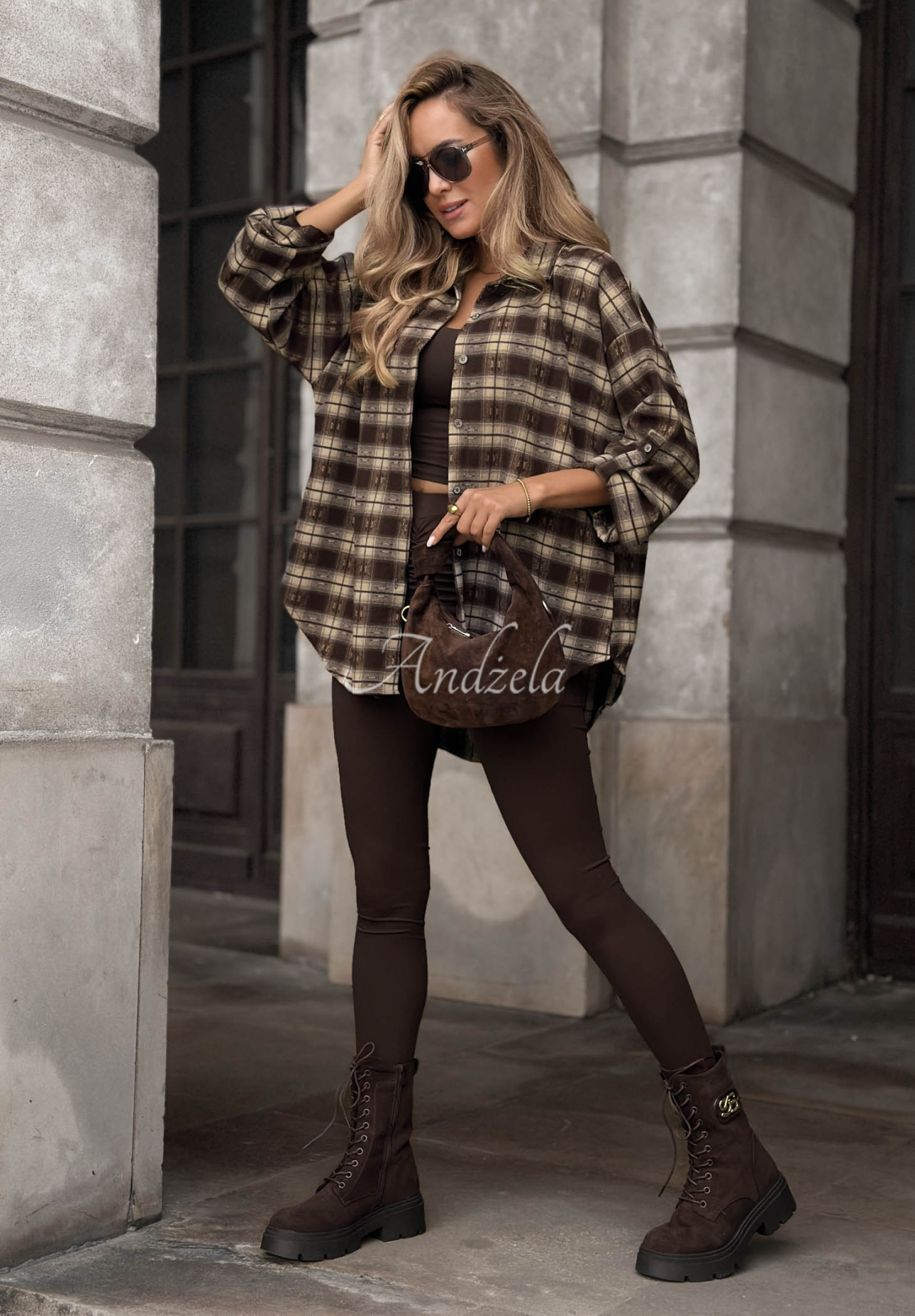 Asymmetrisches Karohemd mit Viskose Autumn Poetry Schokoladenbraun