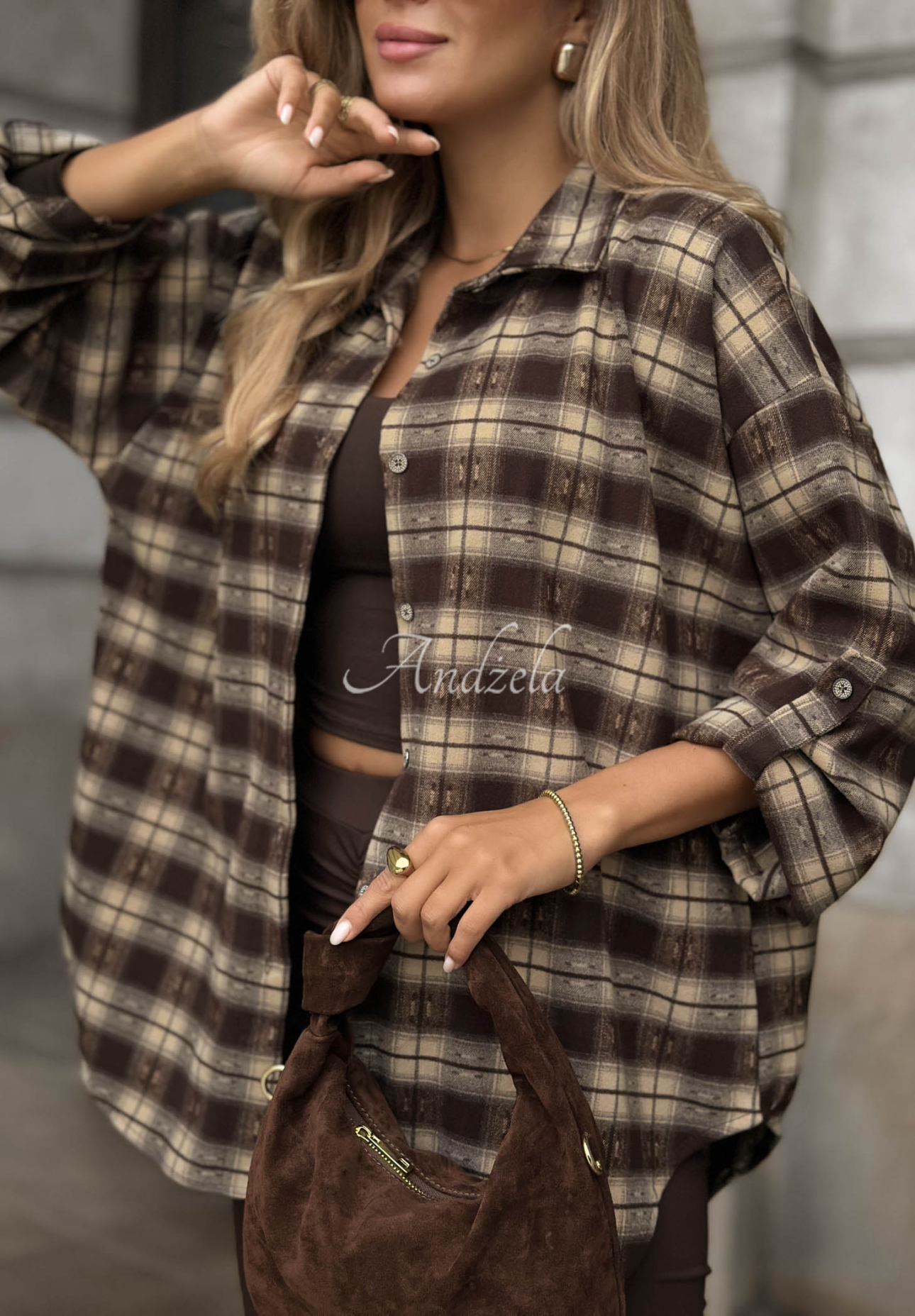 Asymmetrisches Karohemd mit Viskose Autumn Poetry Schokoladenbraun