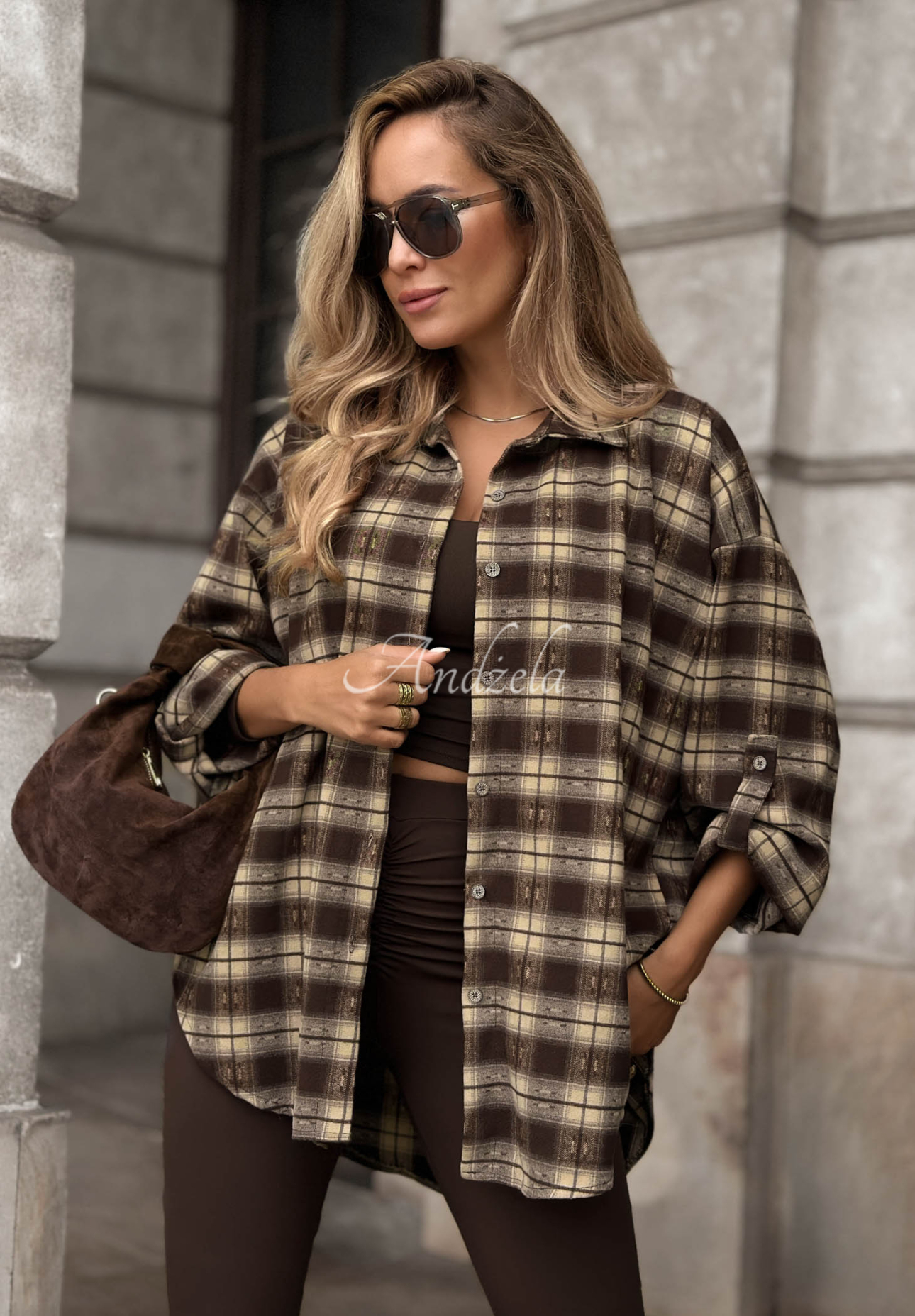 Asymmetrisches Karohemd mit Viskose Autumn Poetry Schokoladenbraun