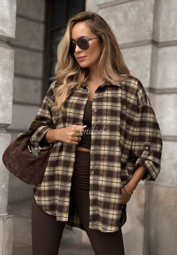 Asymmetrisches Karohemd mit Viskose Autumn Poetry Schokoladenbraun
