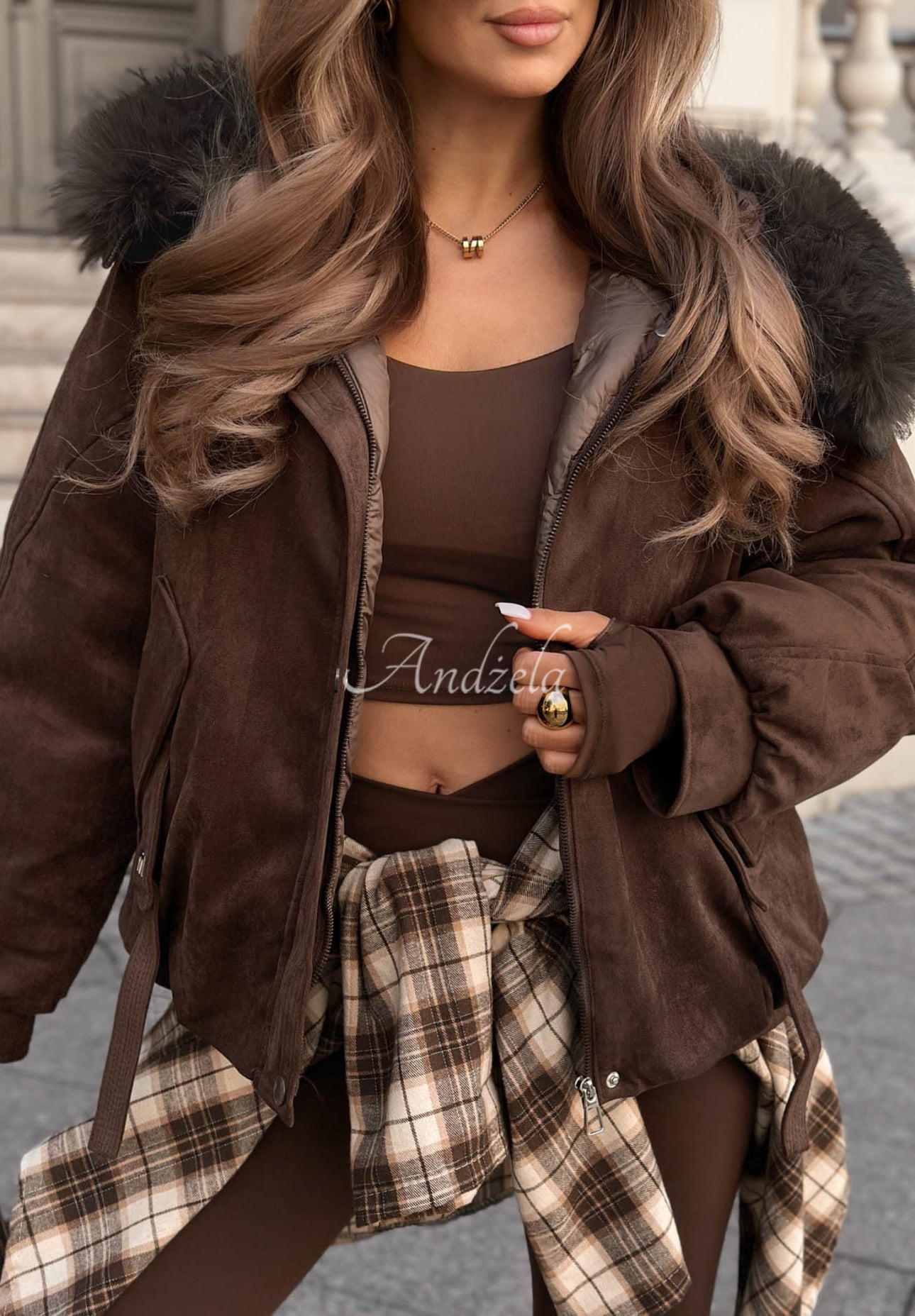 Wildlederjacke mit Kapuze und Pelz Winter Babe Schokoladenbraun