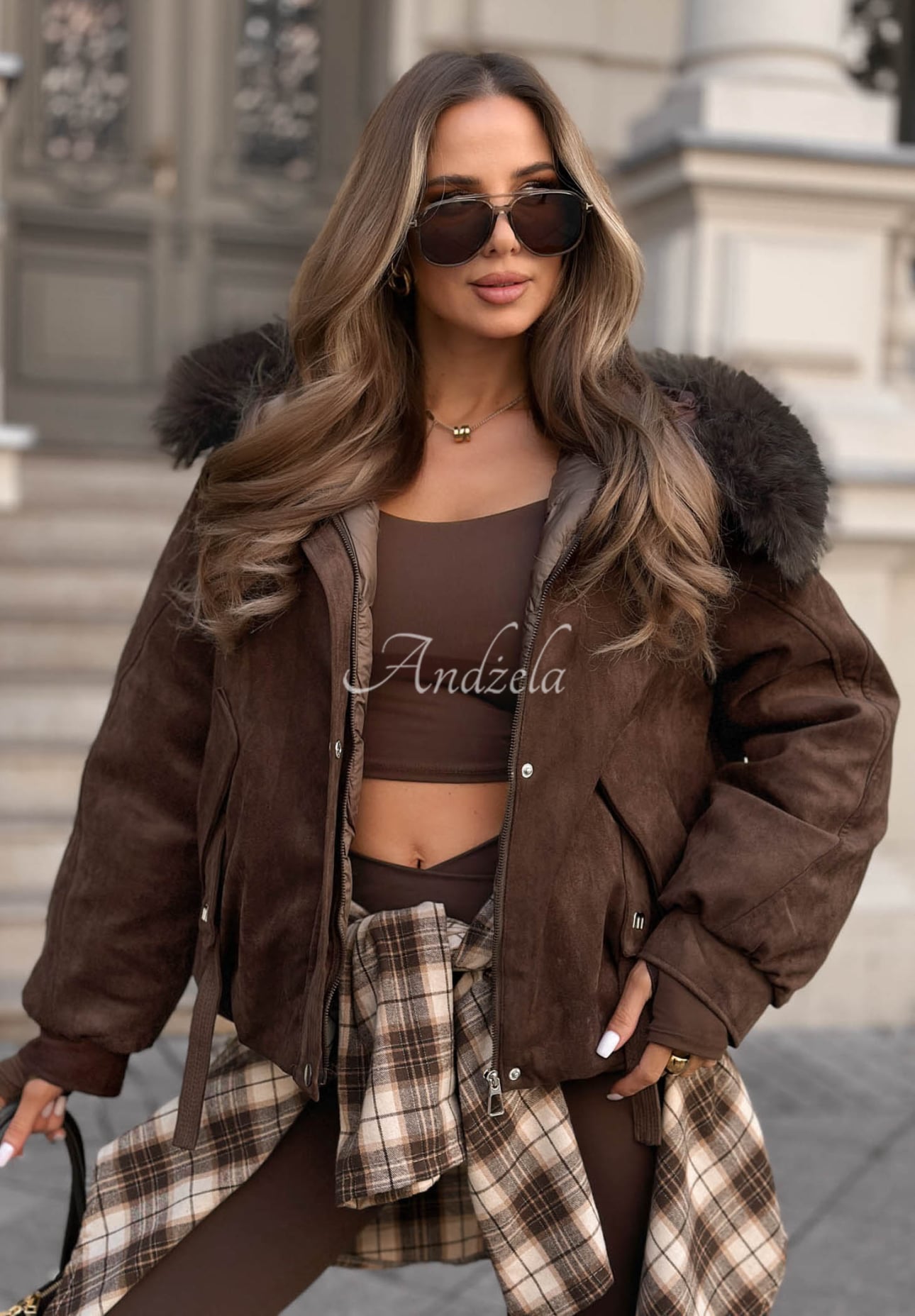 Wildlederjacke mit Kapuze und Pelz Winter Babe Schokoladenbraun