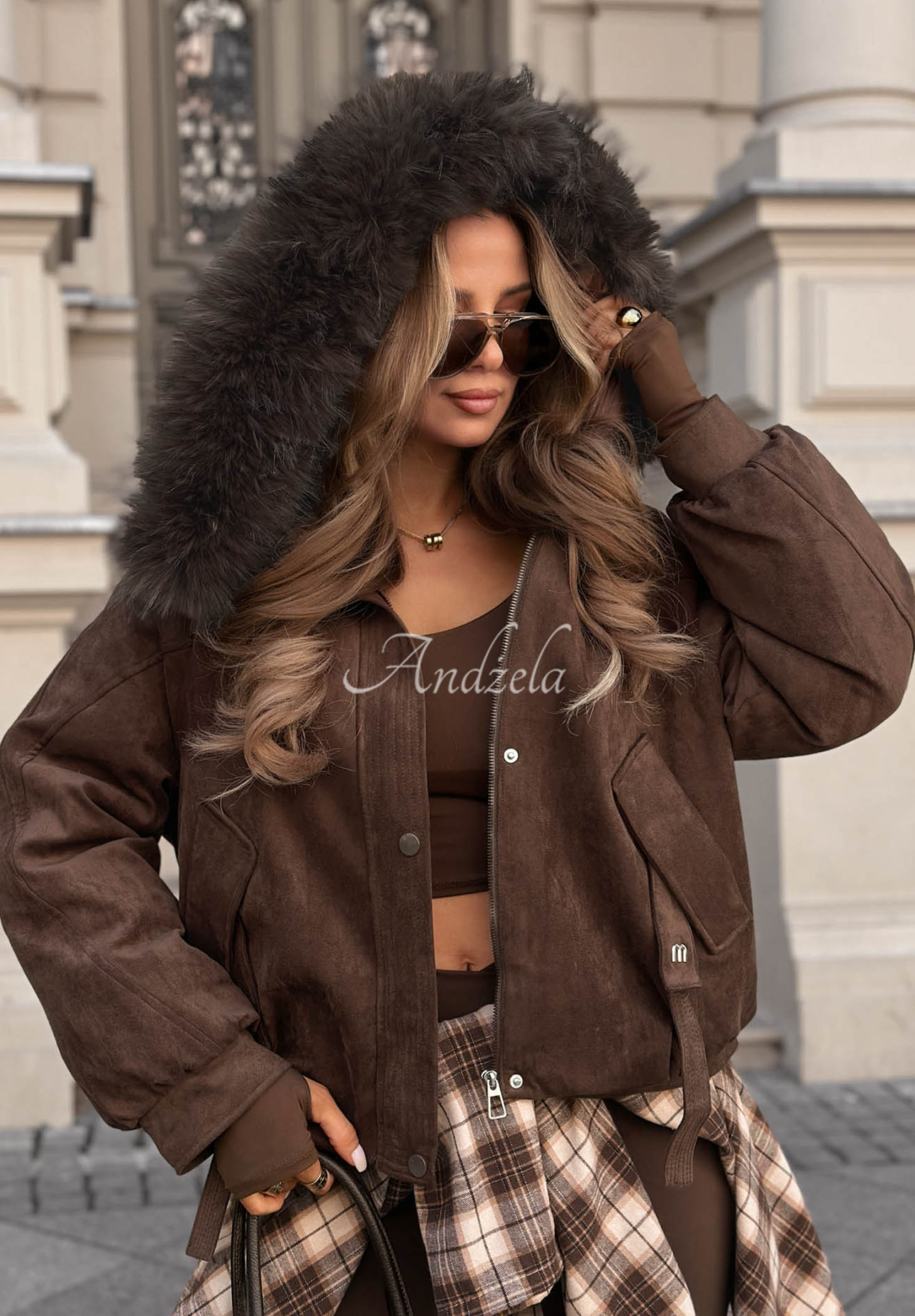 Wildlederjacke mit Kapuze und Pelz Winter Babe Schokoladenbraun