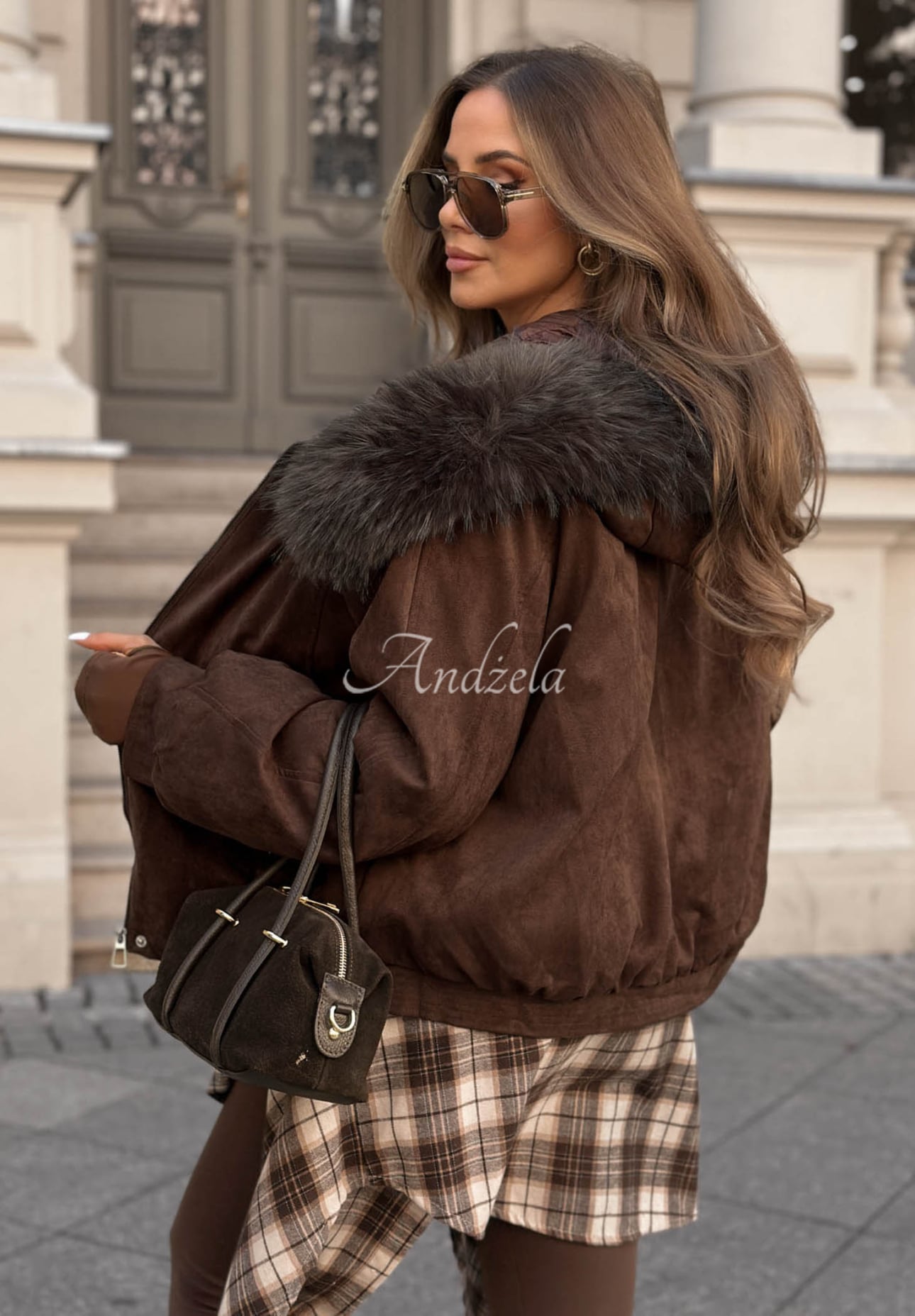 Wildlederjacke mit Kapuze und Pelz Winter Babe Schokoladenbraun