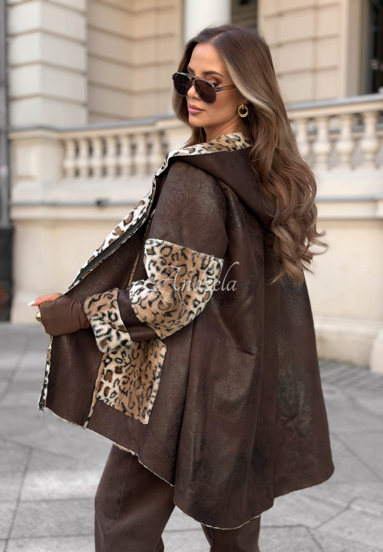 Schaffelljacke mit Leopardenmuster und Teddybär Wild Flame Schokoladenbraun