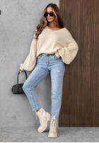 Hose Jeans mom fit z paskiem Simple Charm Hellblau