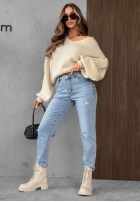 Hose Jeans mom fit z paskiem Simple Charm Hellblau