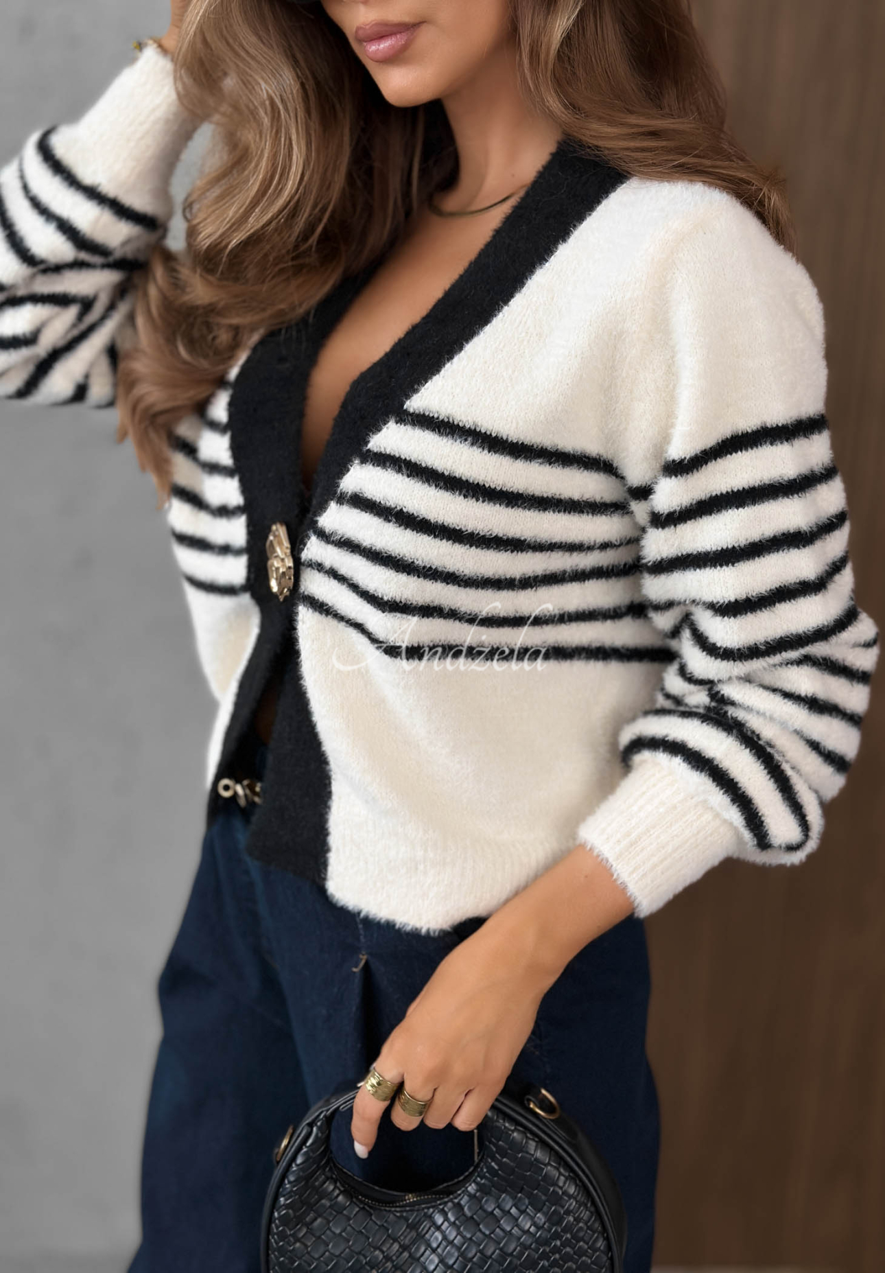 Kurzer, gestreifter Cardigan mit Verschluss Maple Mist Ecru