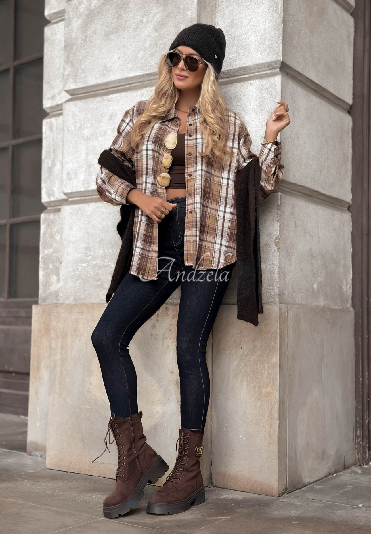 Baumwollhemd mit kariertem Muster und Zierbroschen Slow Moments Camel
