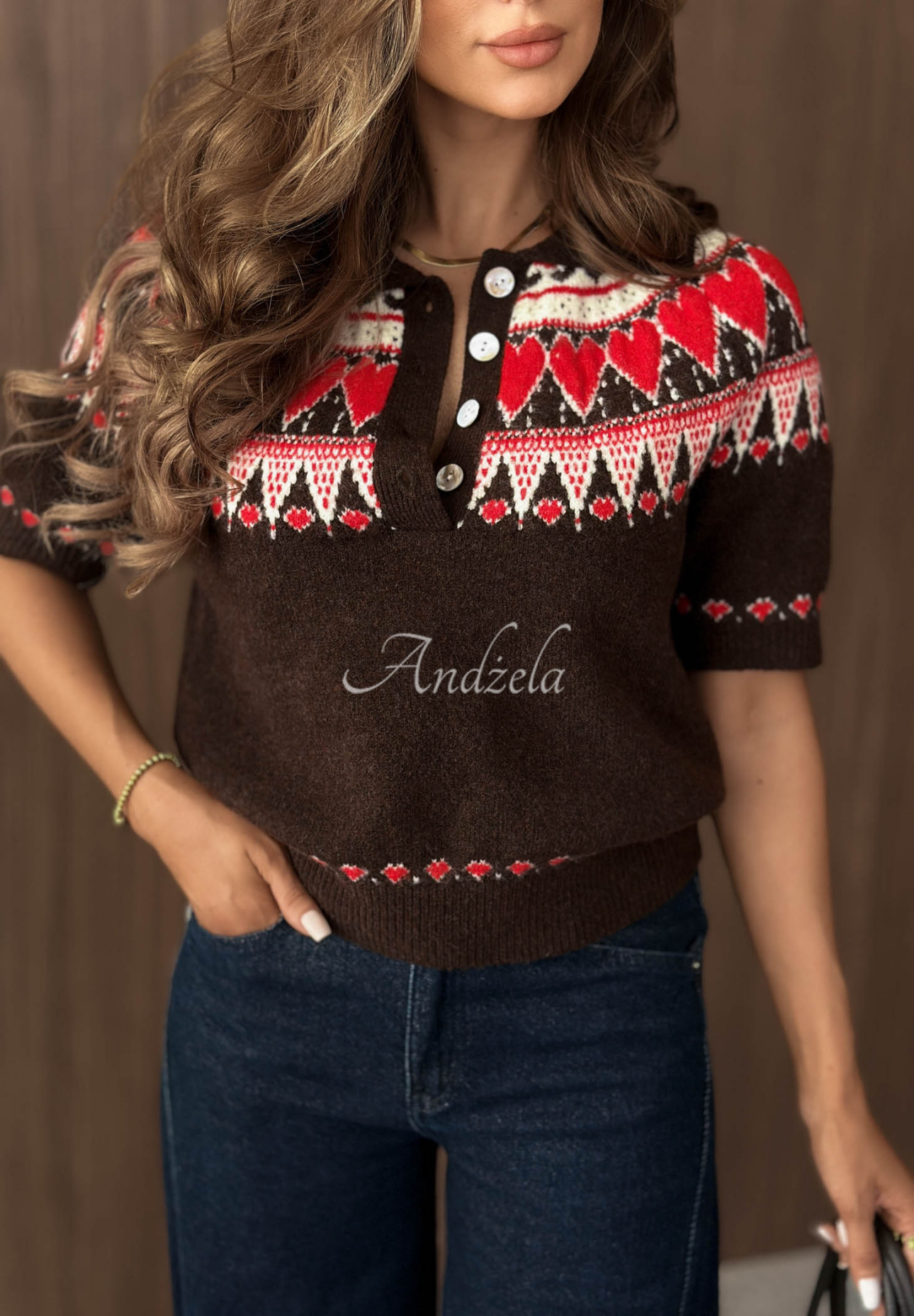 Gemusterter Pullover mit Kragen Nordic Charm Schokoladenbraun
