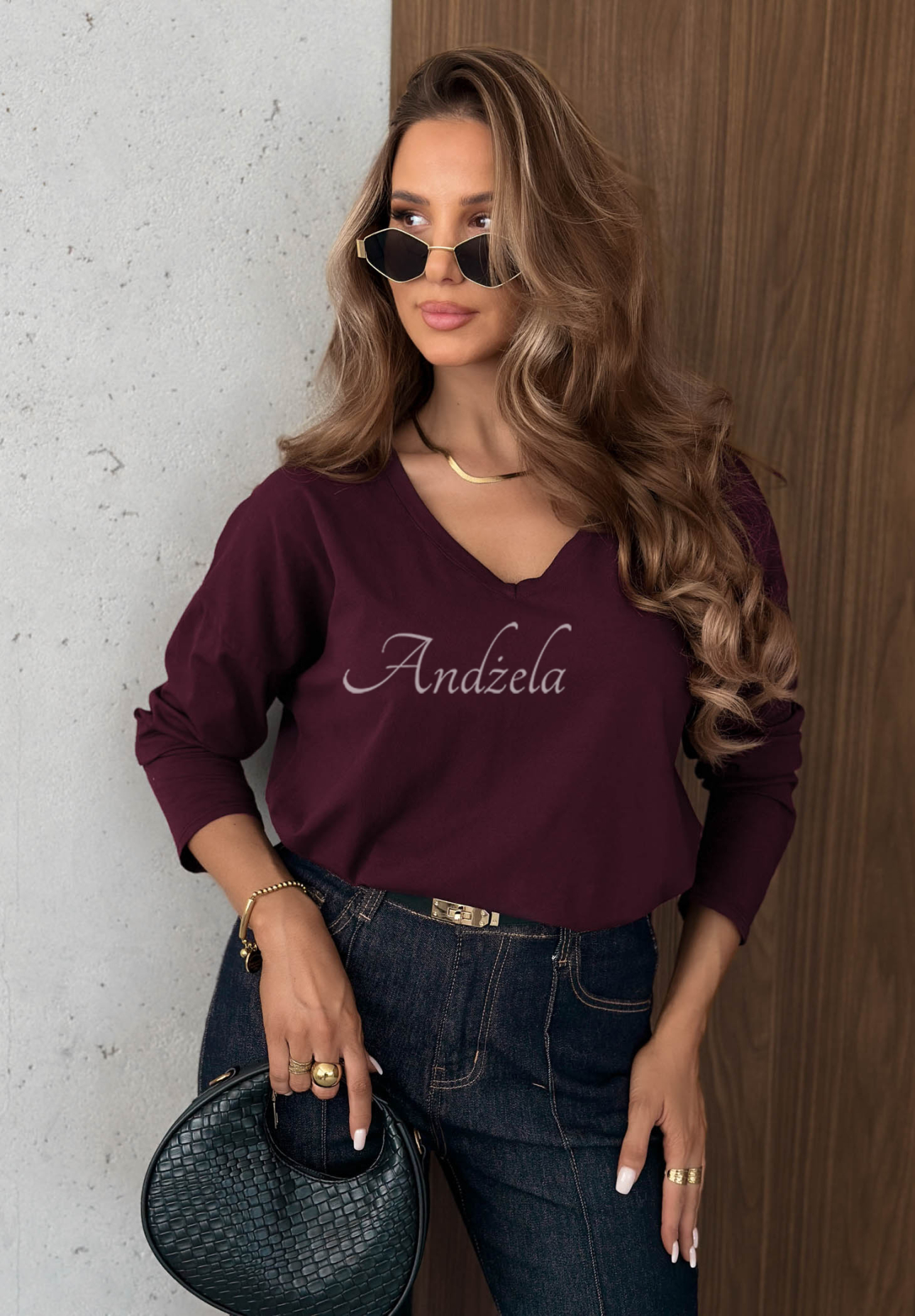Langarmbluse aus Baumwolle mit V-Ausschnitt Daily Style Beerenfarben