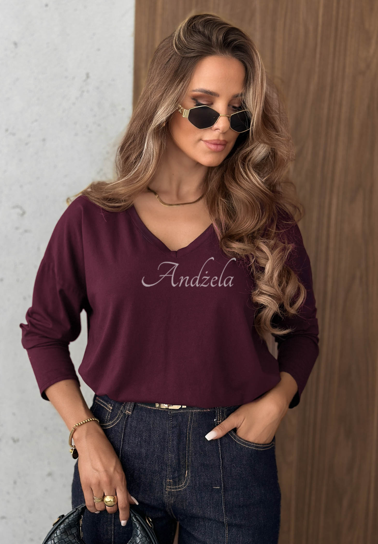 Langarmbluse aus Baumwolle mit V-Ausschnitt Daily Style Beerenfarben
