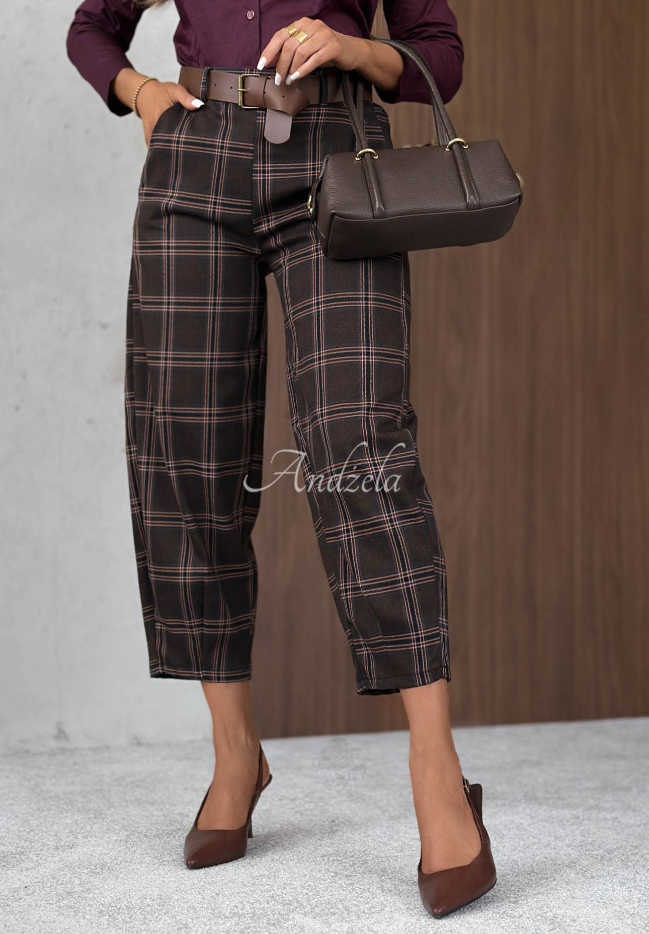 Karierte Stoffhose mit Viskose Warm Desire Schokoladenbraun
