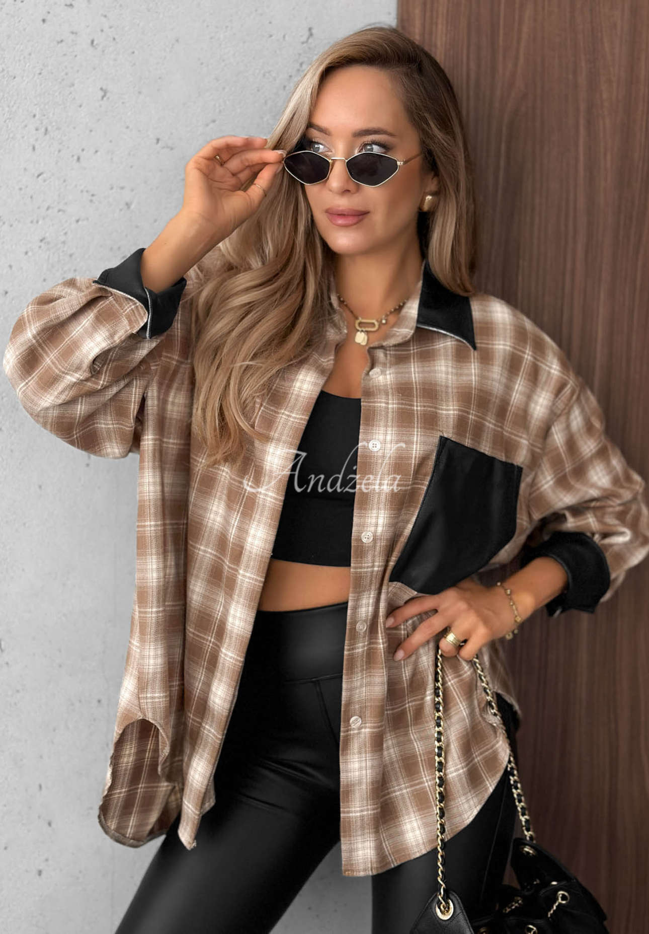 Viskosehemd mit Karomuster und Lederdetails Honey Morning Camel
