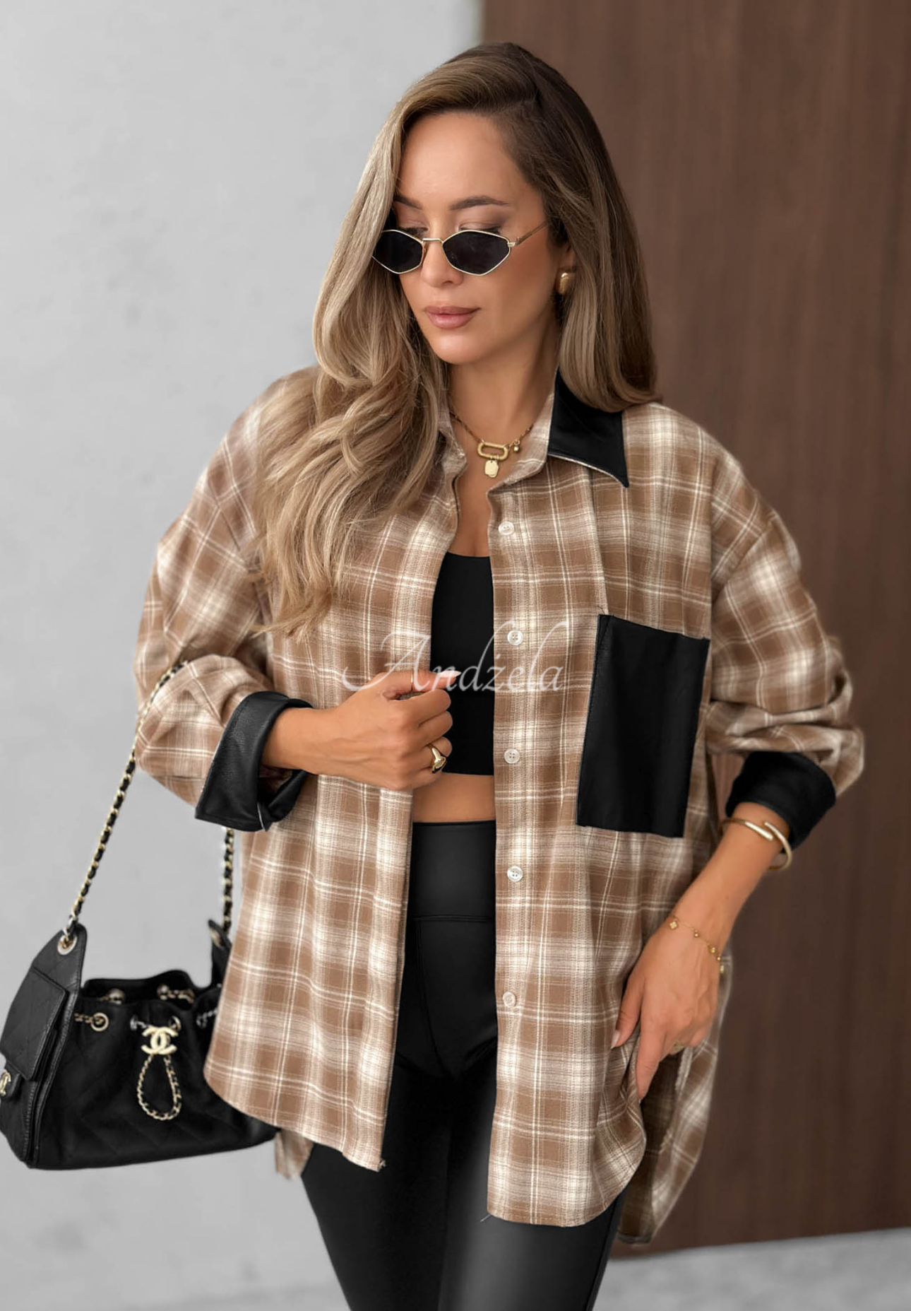Viskosehemd mit Karomuster und Lederdetails Honey Morning Camel