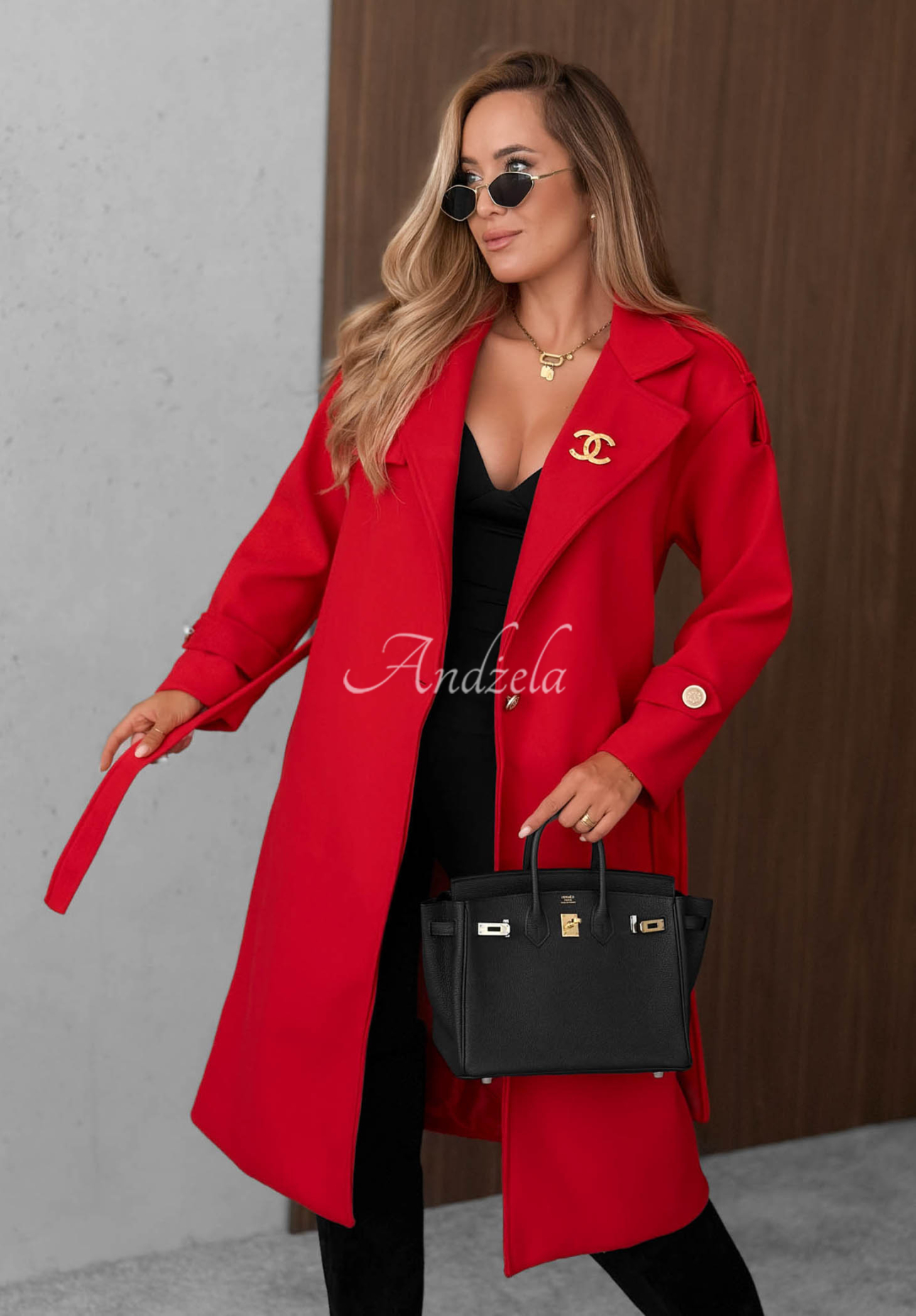 Langer Mantel mit Kragen, Gürtel und Wollanteil Autumn Daydream Rot