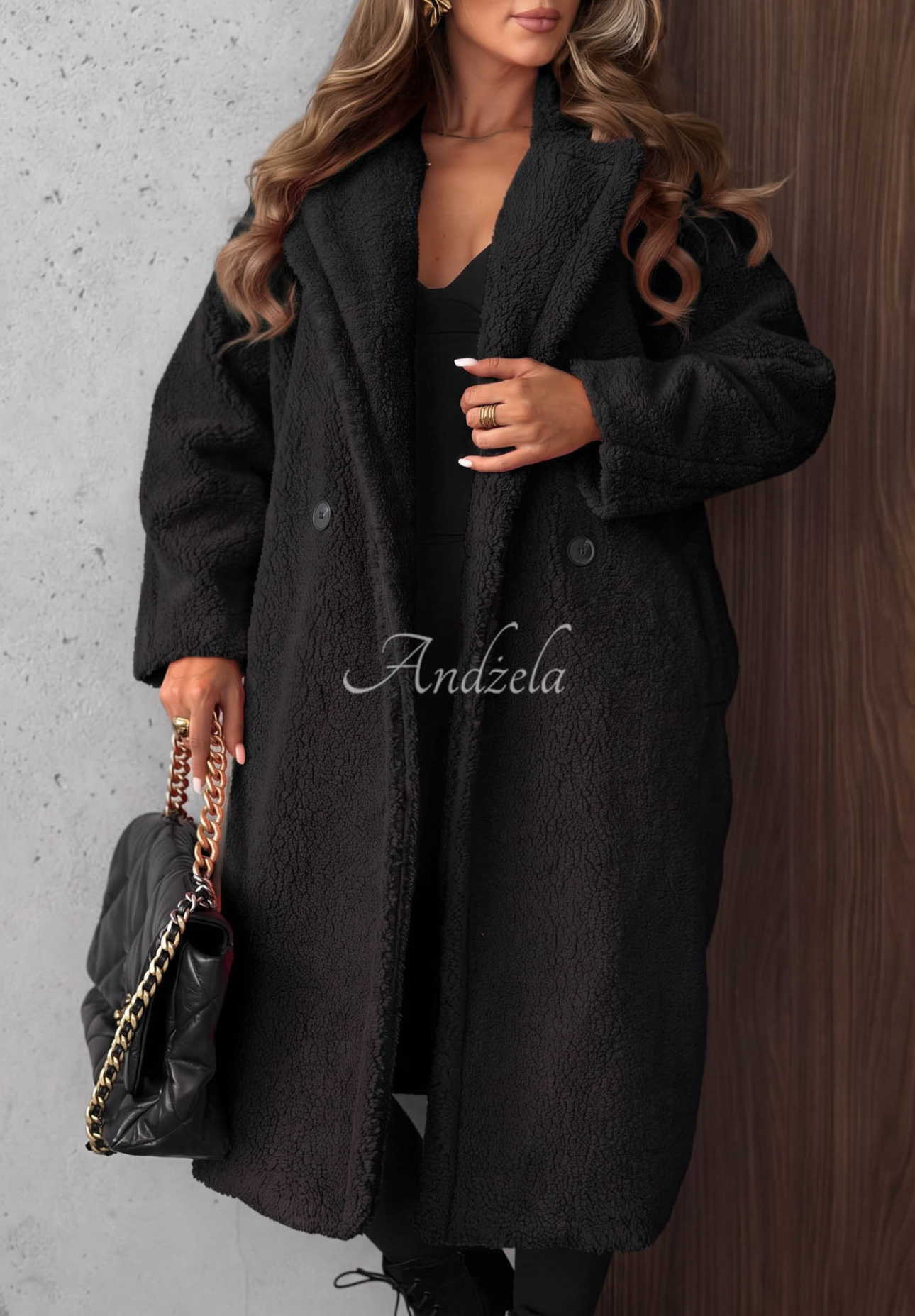 Langer Schaffellmantel mit Kragen Frosty Sweets Schwarz