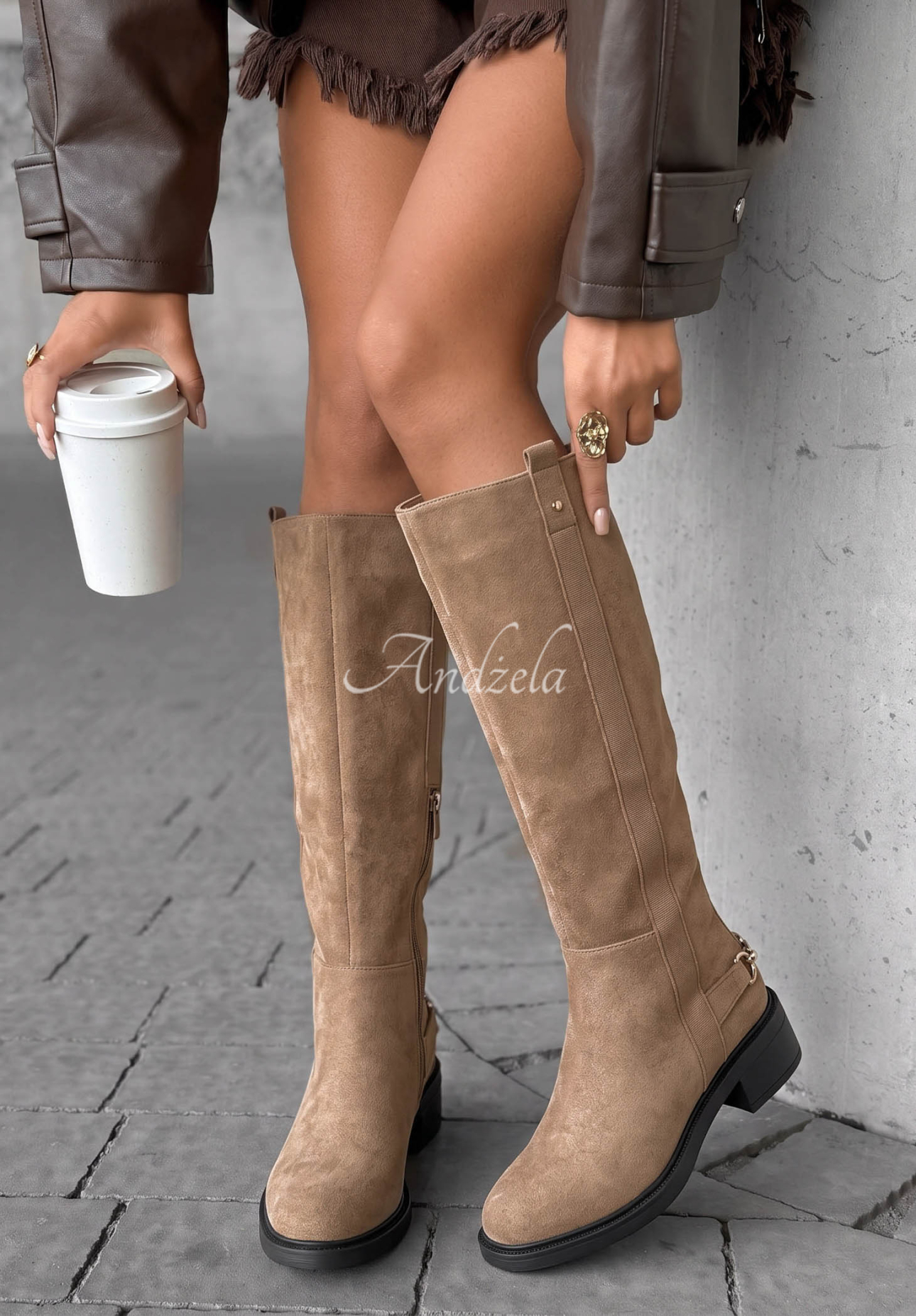Lange Stiefel aus Wildlederimitat Amber Step Beige