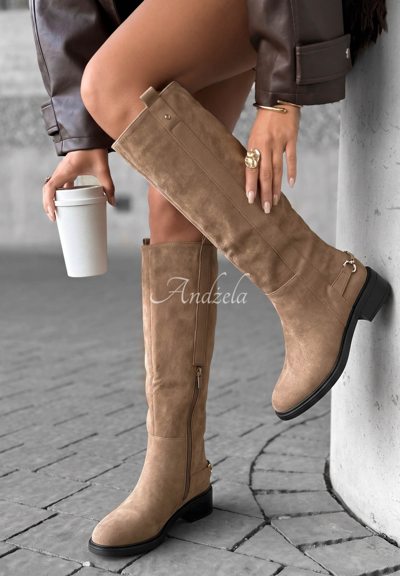 Lange Stiefel aus Wildlederimitat Amber Step Beige