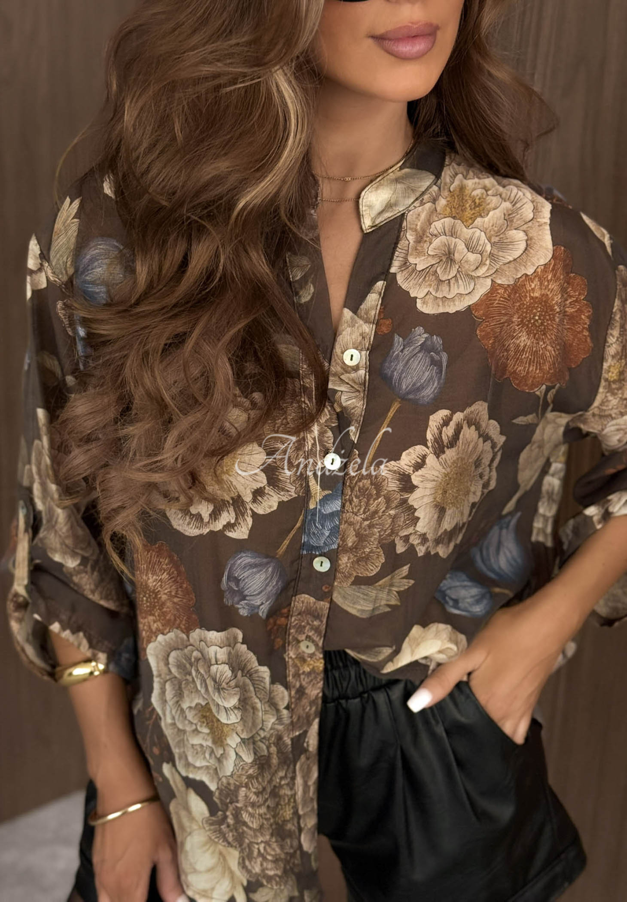 Leichtes Hemd mit Blumenmuster aus Tencel Fall Bloom Schokoladenbraun