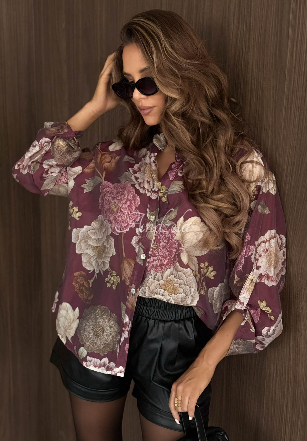 Leichtes Hemd mit Blumenmuster aus Tencel Fall Bloom Burgunderrot