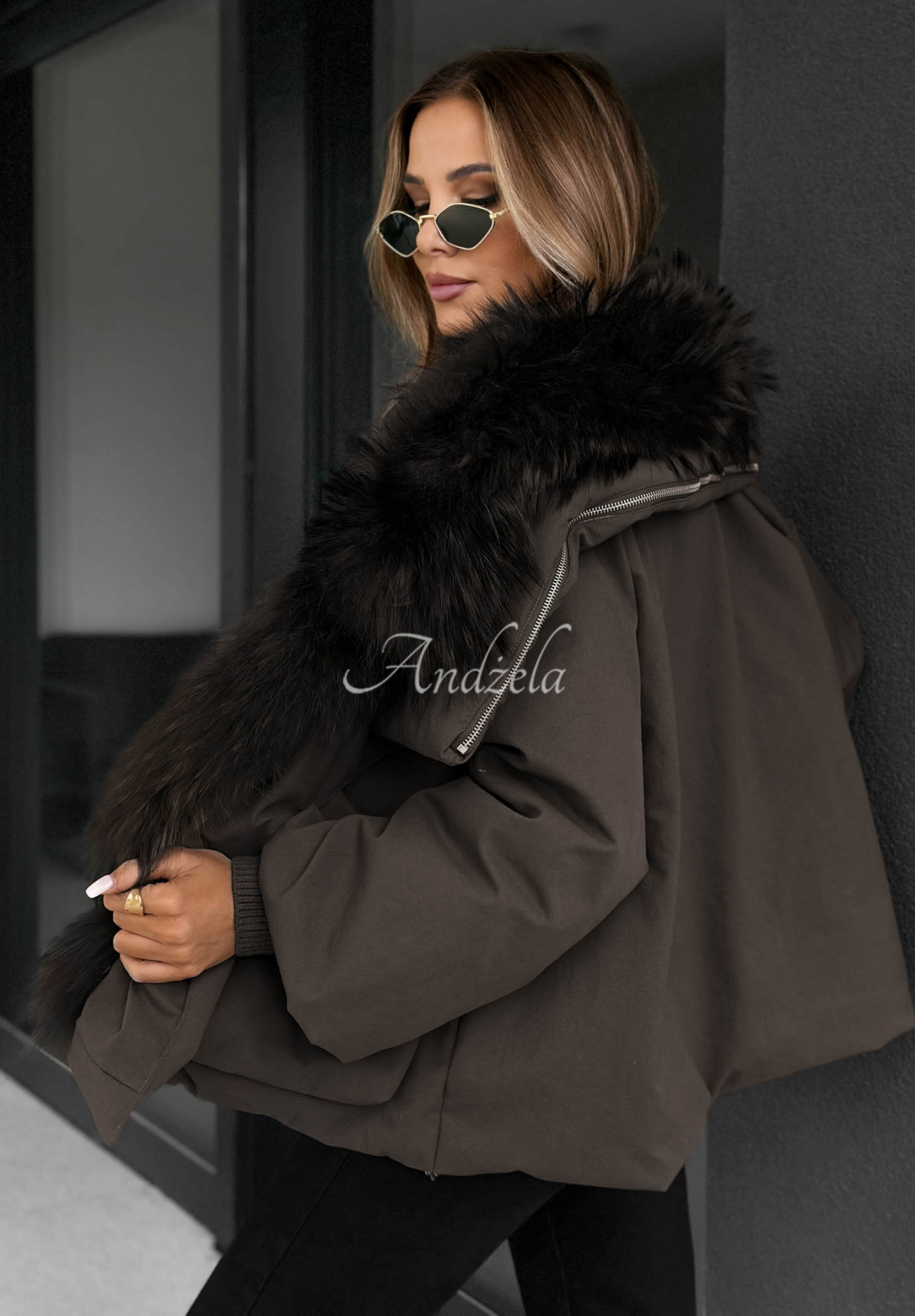 Daunenjacke mit Fell Nordic Mist Schokoladenbraun