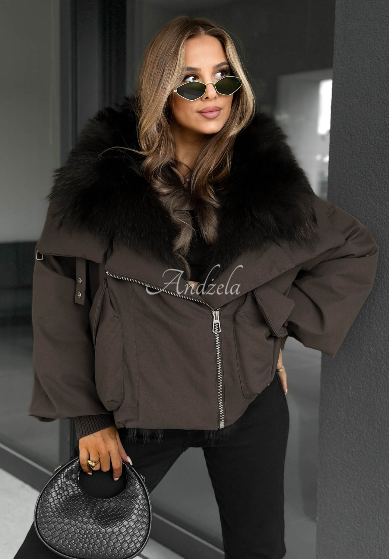 Daunenjacke mit Fell Nordic Mist Schokoladenbraun