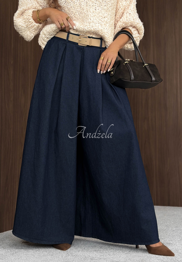 Baumwollhose mit weitem Bein und Bundfalten Cloud Nine Dunkelblau