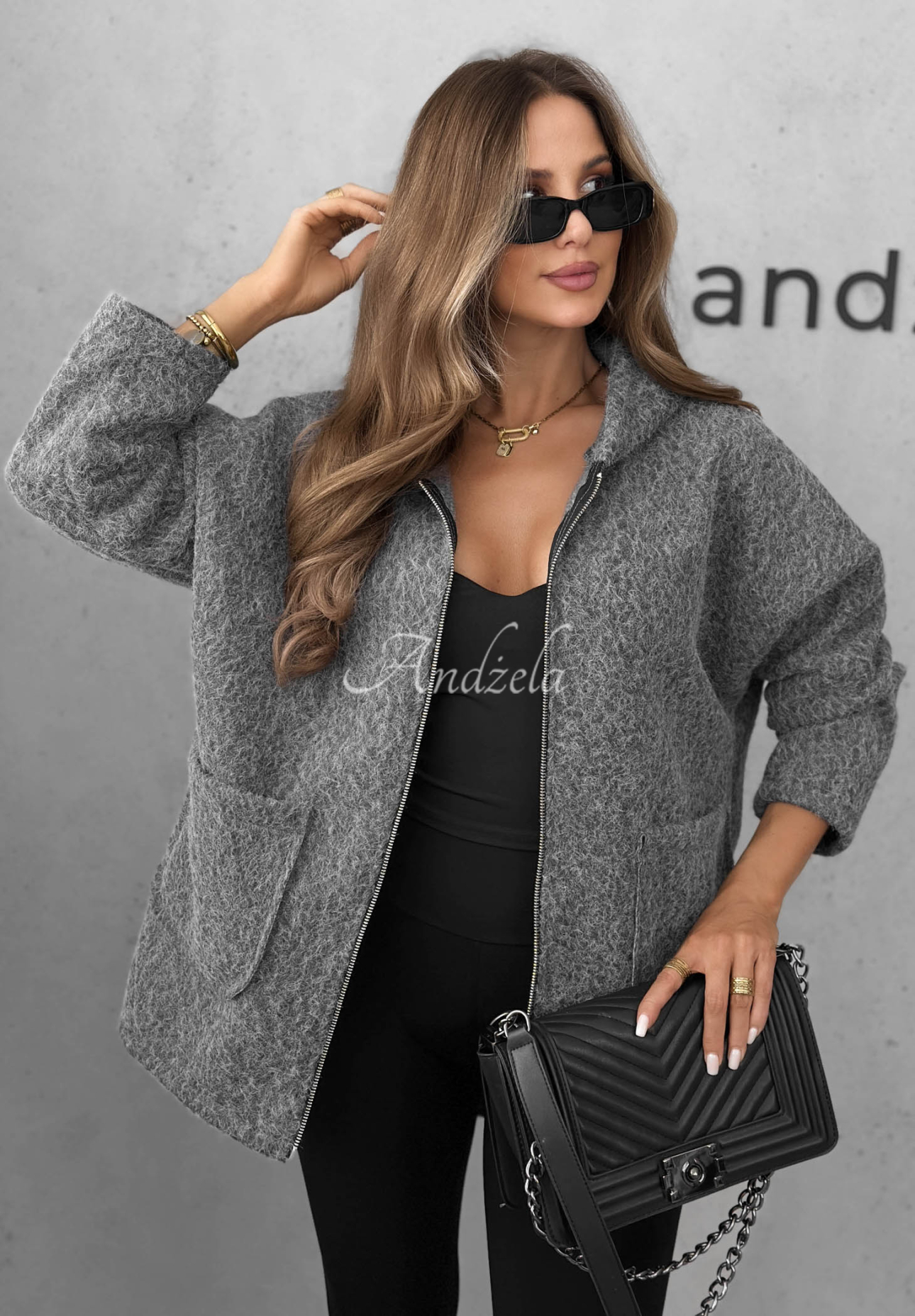 Jacke aus Lammfellimitat mit Kapuze und Taschen Warm Comfort Grau
