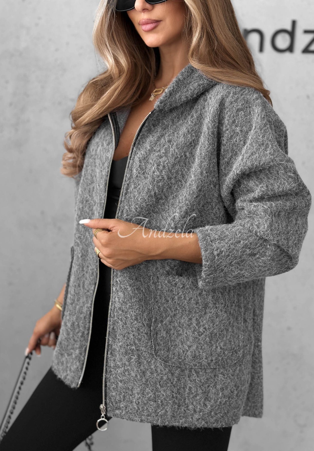 Jacke aus Lammfellimitat mit Kapuze und Taschen Warm Comfort Grau