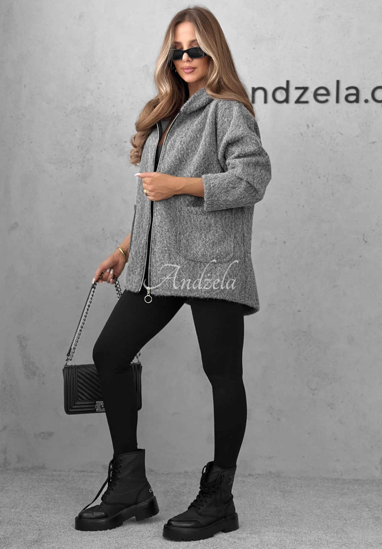 Jacke aus Lammfellimitat mit Kapuze und Taschen Warm Comfort Grau