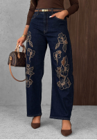 Hose Jeans wide leg z haftami Soft Mist Dunkelblau