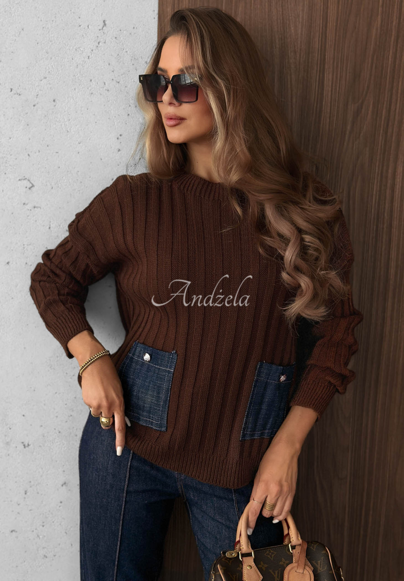 Gerippter Pullover mit Jeans-Taschen aus Wolle und Mohair Cozy Grace Schokoladenbraun