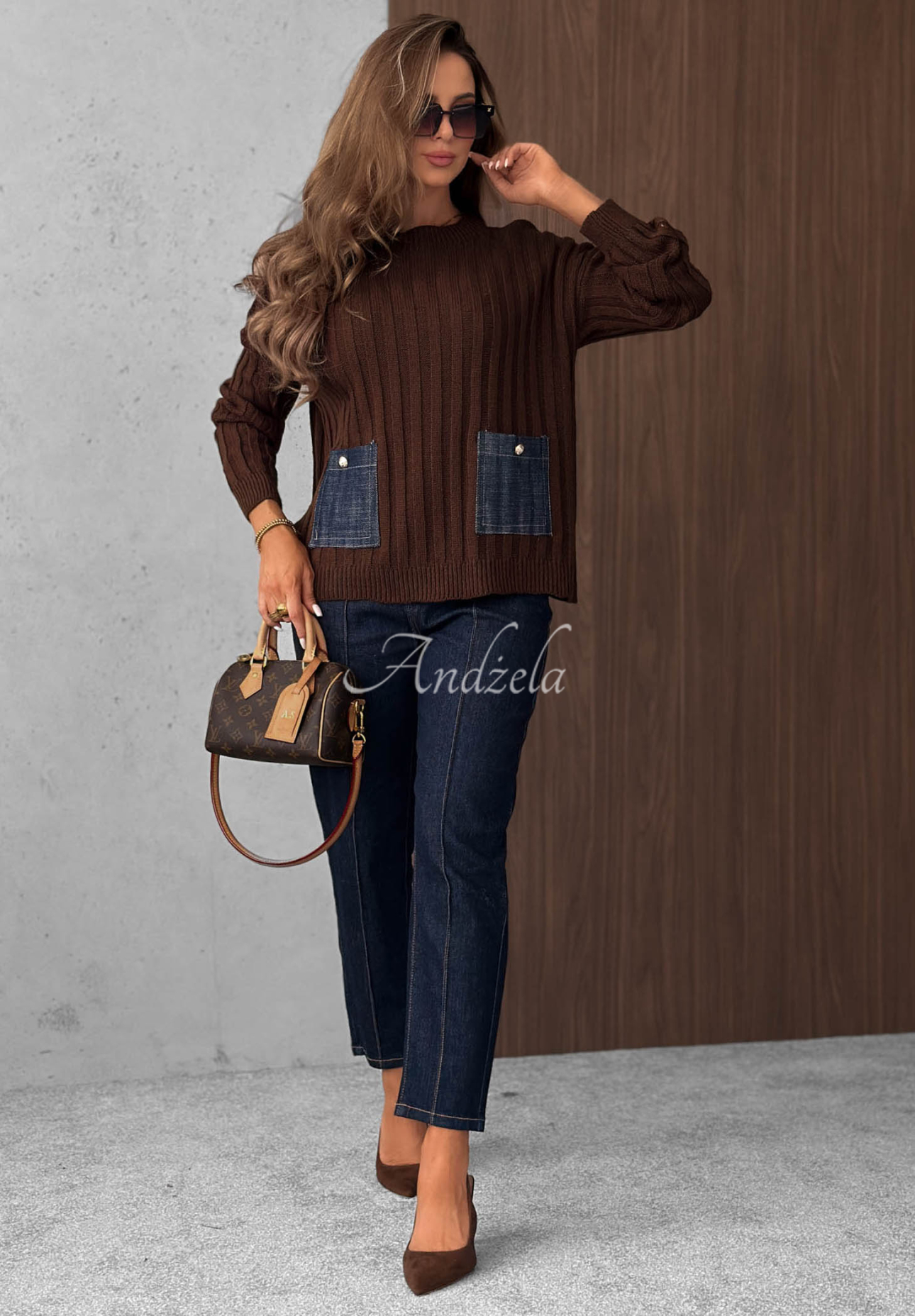 Gerippter Pullover mit Jeans-Taschen aus Wolle und Mohair Cozy Grace Schokoladenbraun