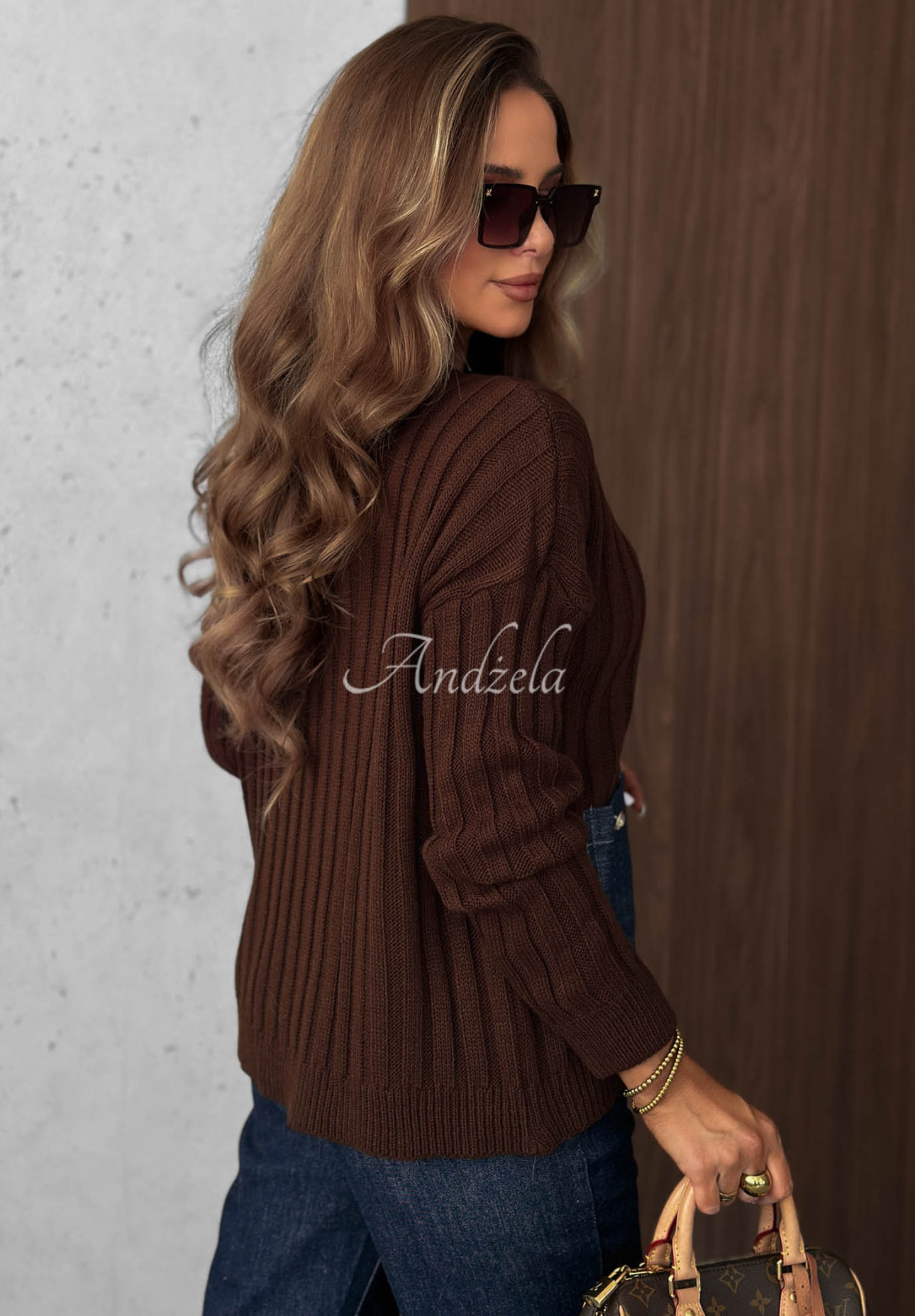 Gerippter Pullover mit Jeans-Taschen aus Wolle und Mohair Cozy Grace Schokoladenbraun